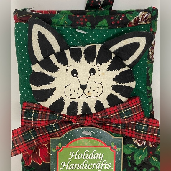 90s Christmas Cat Mitt potholder placemat SET quilted Holiday LOT Vintage Franco - Picture 7 of 16